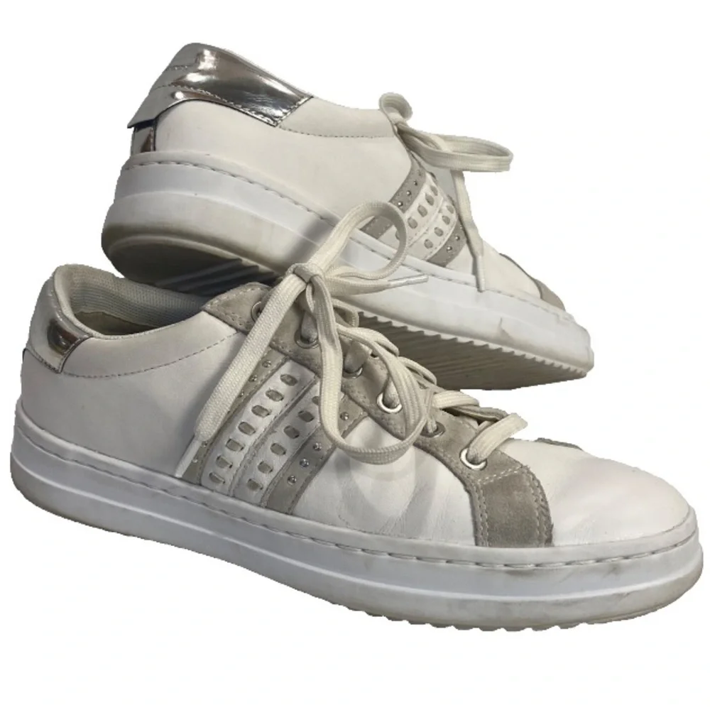 Geox Respira Pontoise White Silver Leather Sneaker Women's 9 Retro Chunky